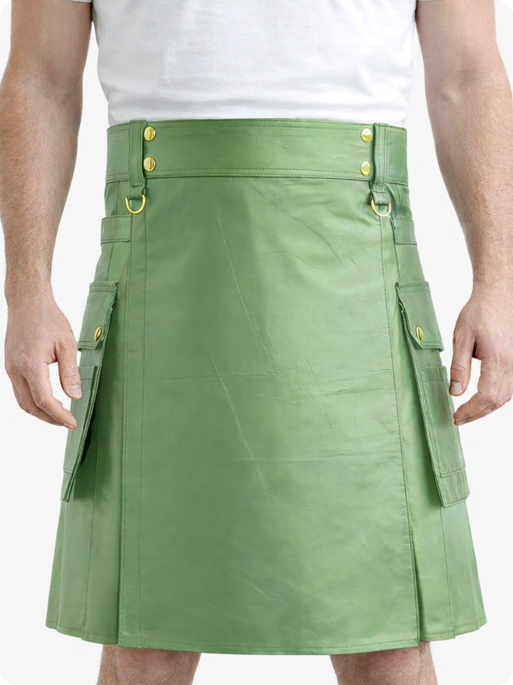 Hellgrüner Echtleder Utility Kilt mit Cargotaschen & D-Ringen