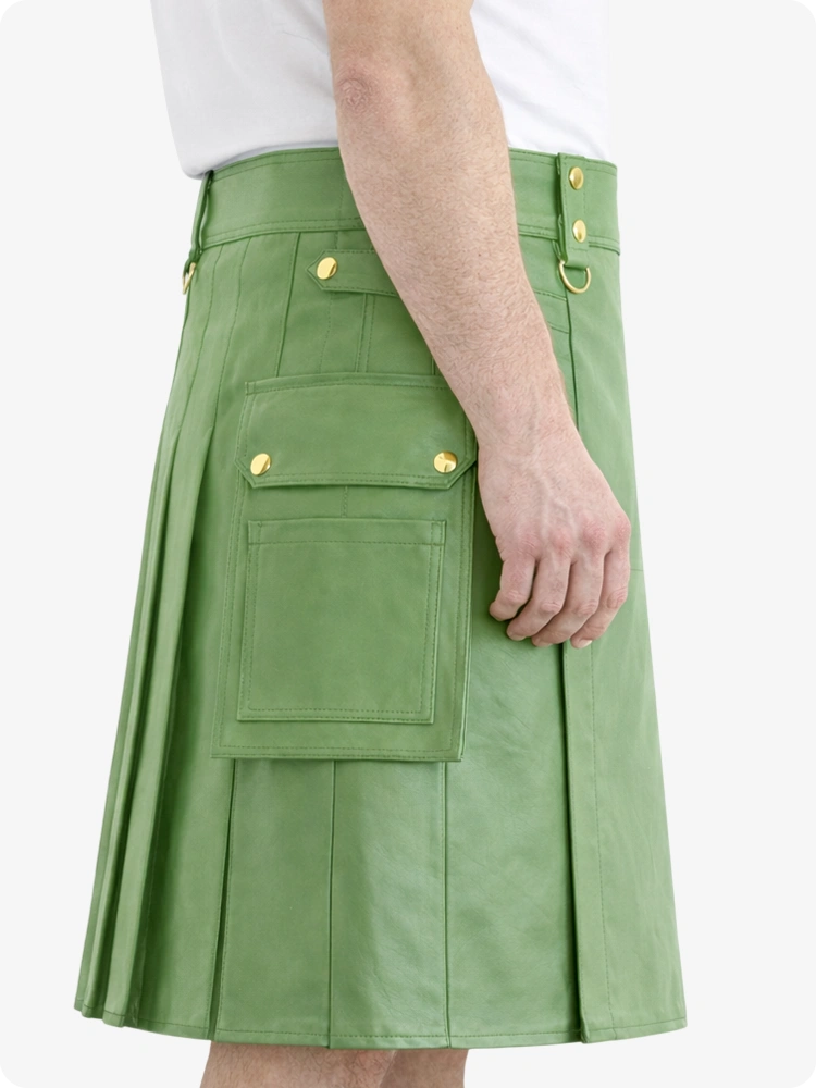 Hellgrüner Echtleder Utility Kilt mit Cargotaschen & D-Ringen
