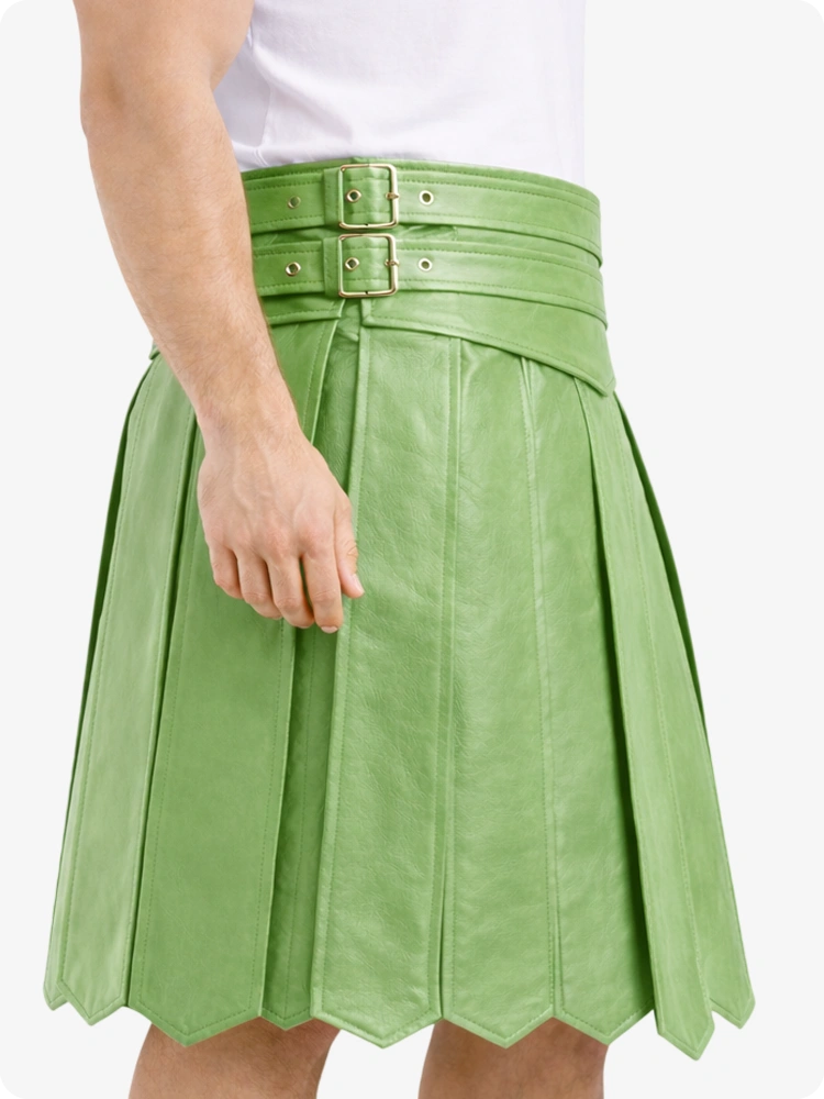Light Green Leather Highland Kilt Adjustable Buckle Waist & Classic Pleats