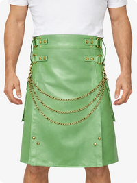 Light Green Leather Utility Kilt with Chain Detailing & Adjustable Straps