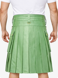 Light Green Leather Utility Kilt with Chain Detailing & Adjustable Straps