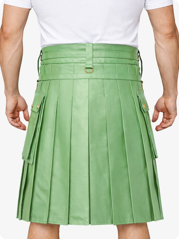 Light Green Leather Utility Kilt with Chain Detailing & Adjustable Straps