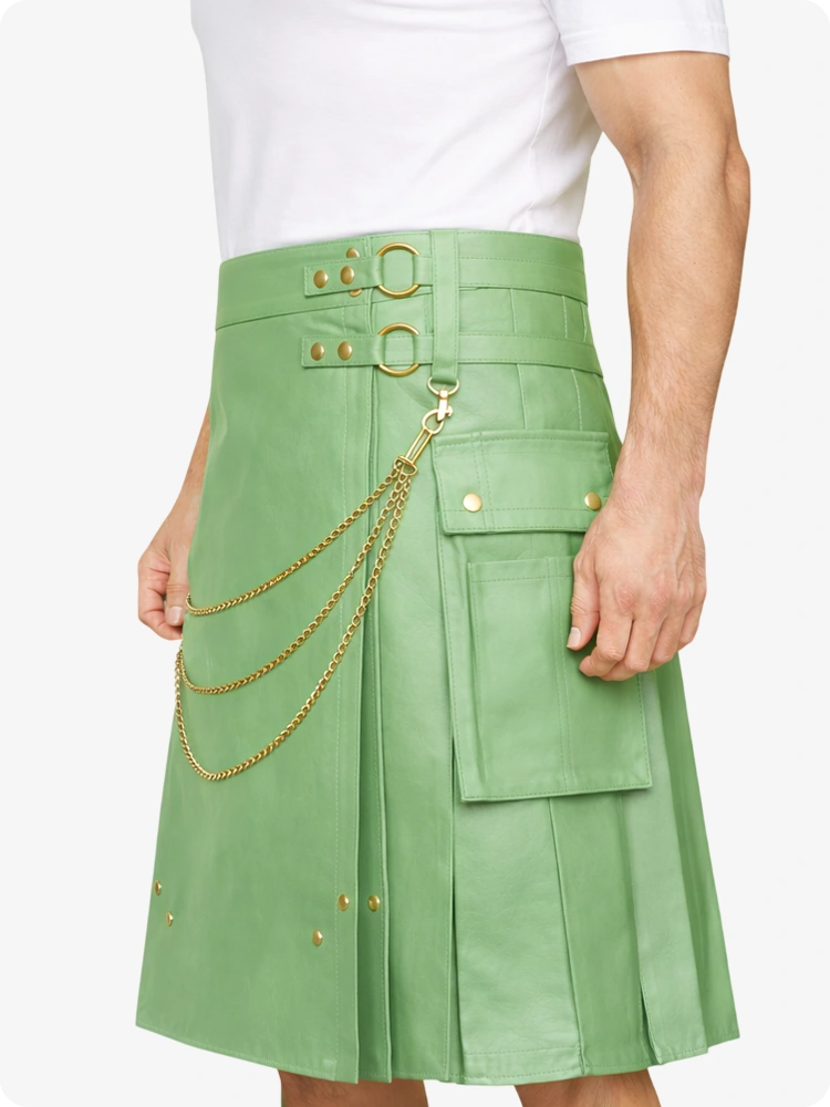 Light Green Leather Utility Kilt with Chain Detailing & Adjustable Straps