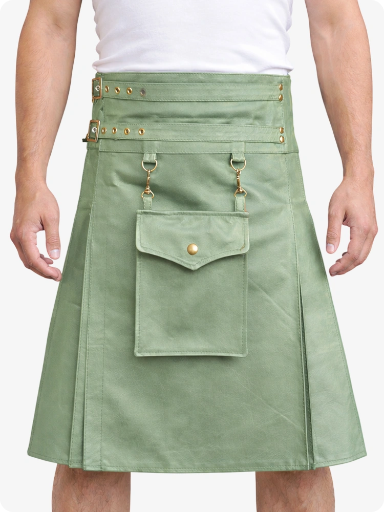 Light Green Leather Utility Kilt with Front Pocket & Adjustable Buckle Straps