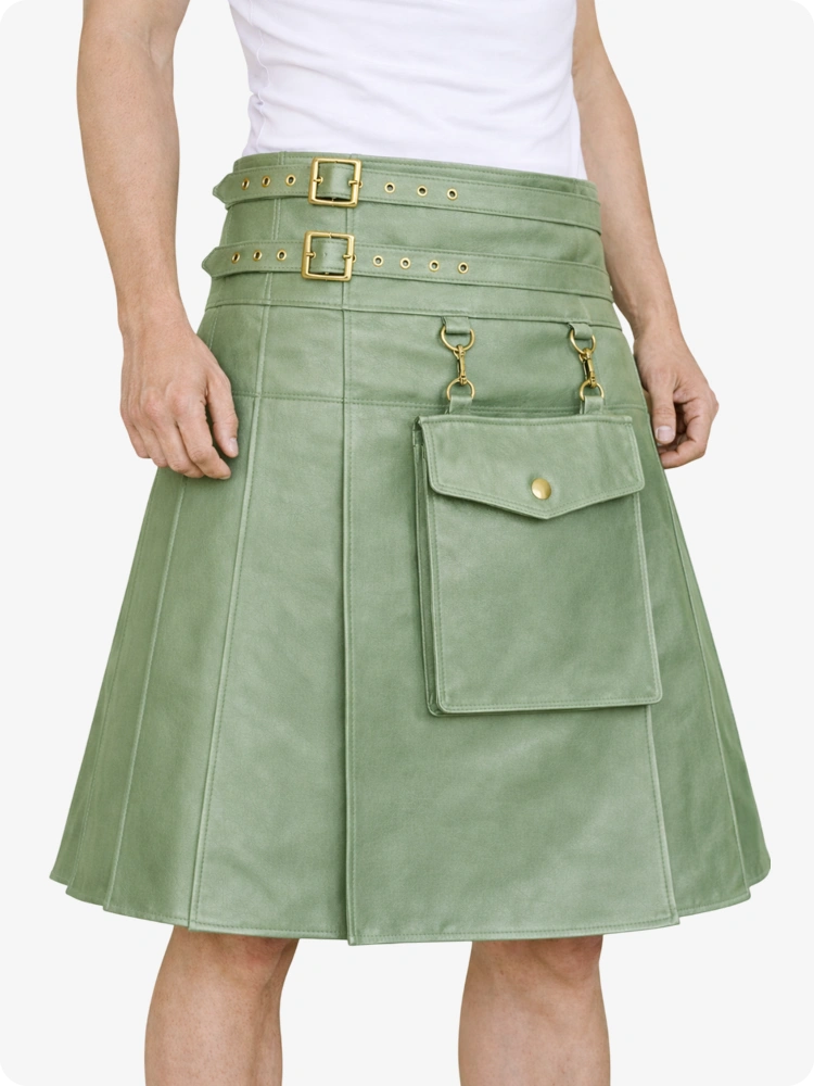 Light Green Leather Utility Kilt with Front Pocket & Adjustable Buckle Straps