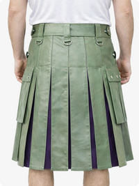 Light Green pleated kilt with purple accents worn by a person on a white background