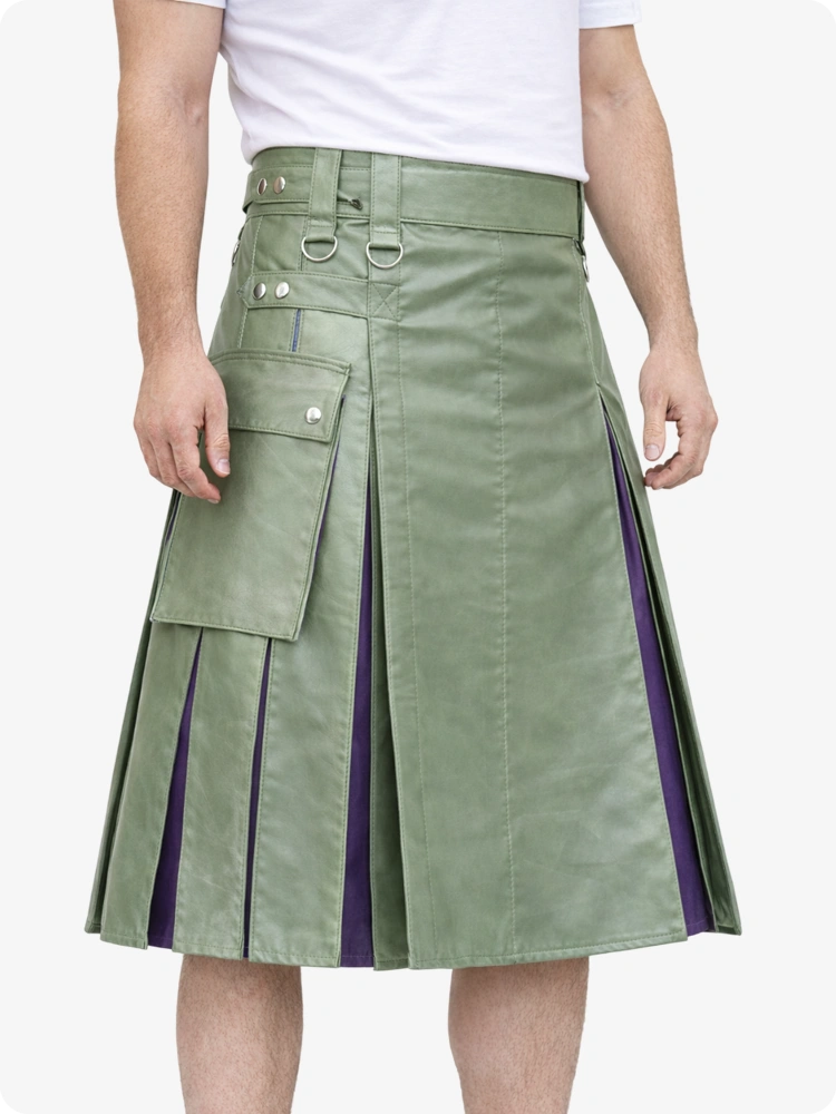 Light Green kilt with purple accents worn by a person on a white background