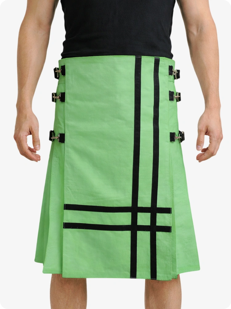 Light Green kilt with black straps worn by a person on a white background