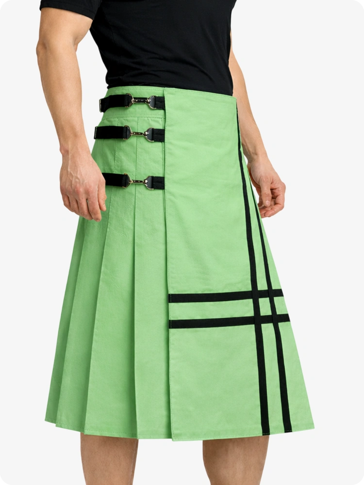 Light Green skirt with black straps and zippers worn by a person on a white background