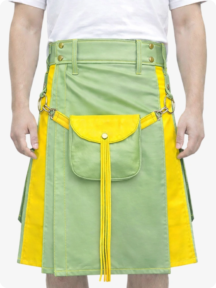 Hellgrüner Leder Utility Kilt mit gelben Akzenten & abnehmbaren Taschen