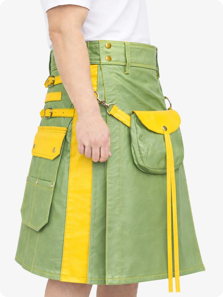 Hellgrüner Leder Utility Kilt mit gelben Akzenten & abnehmbaren Taschen