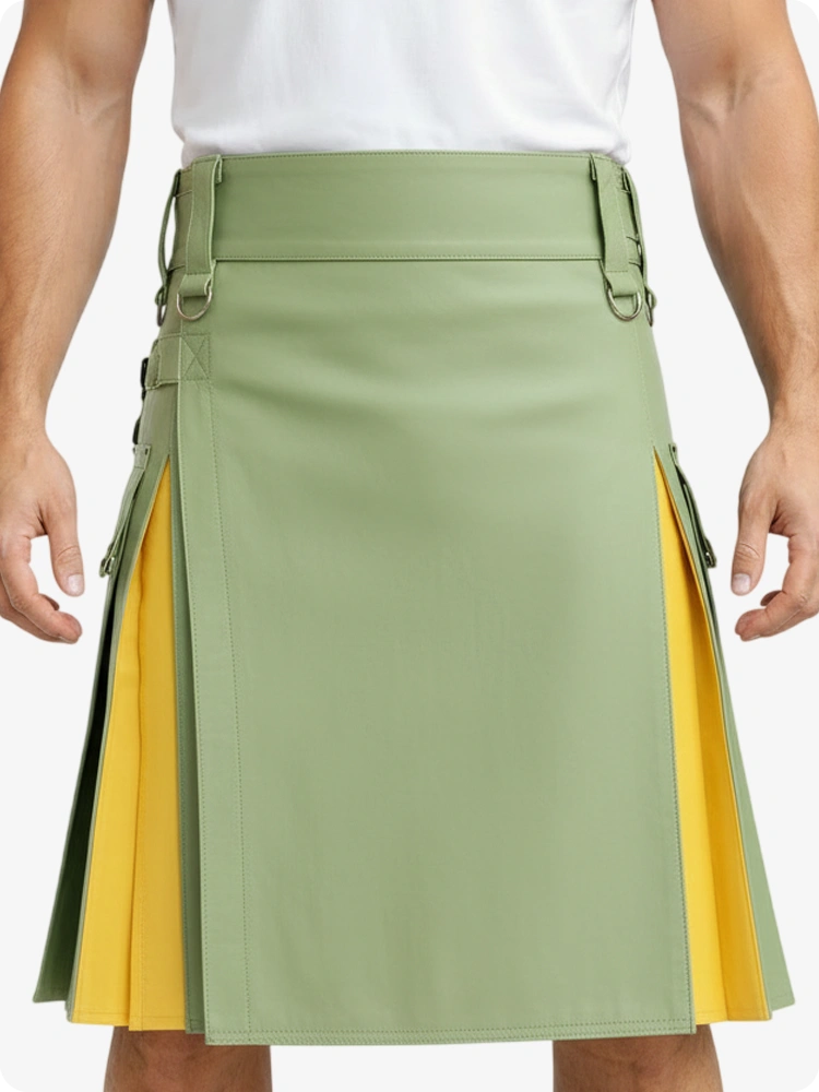 Hellgrün & Gelb Leder Utility Kilt mit Cargotaschen