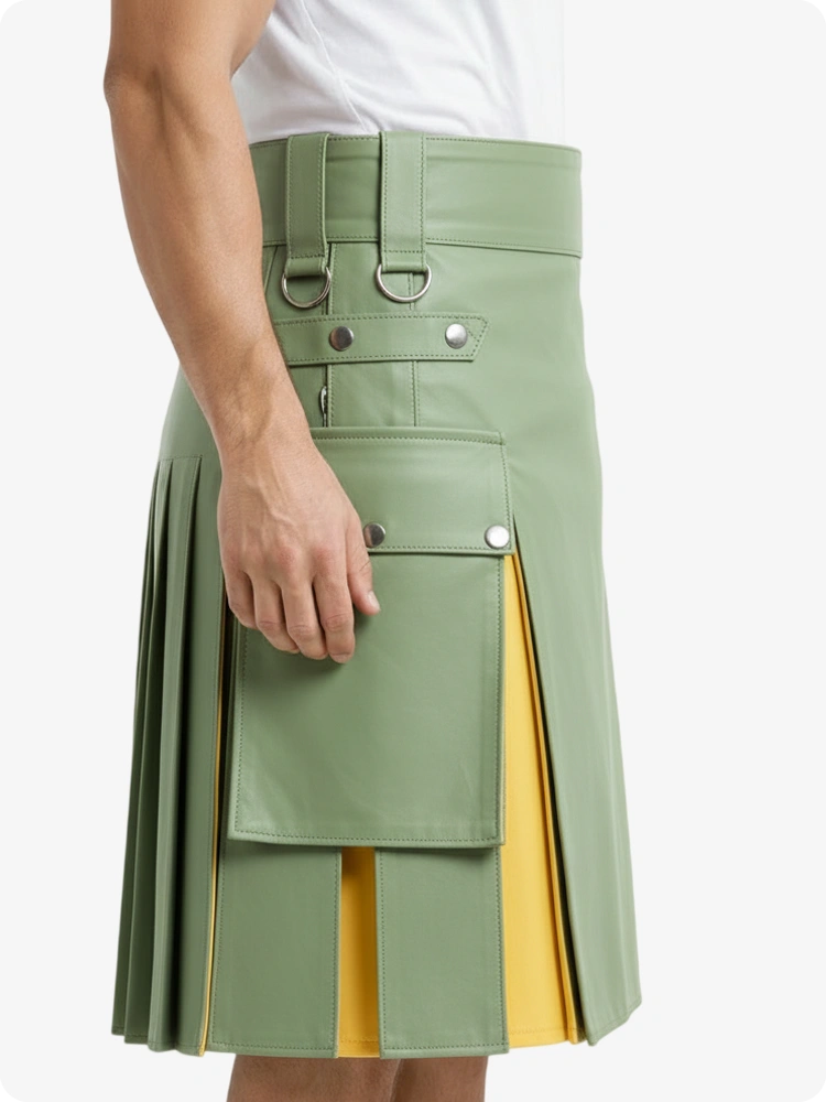 Hellgrün & Gelb Leder Utility Kilt mit Cargotaschen