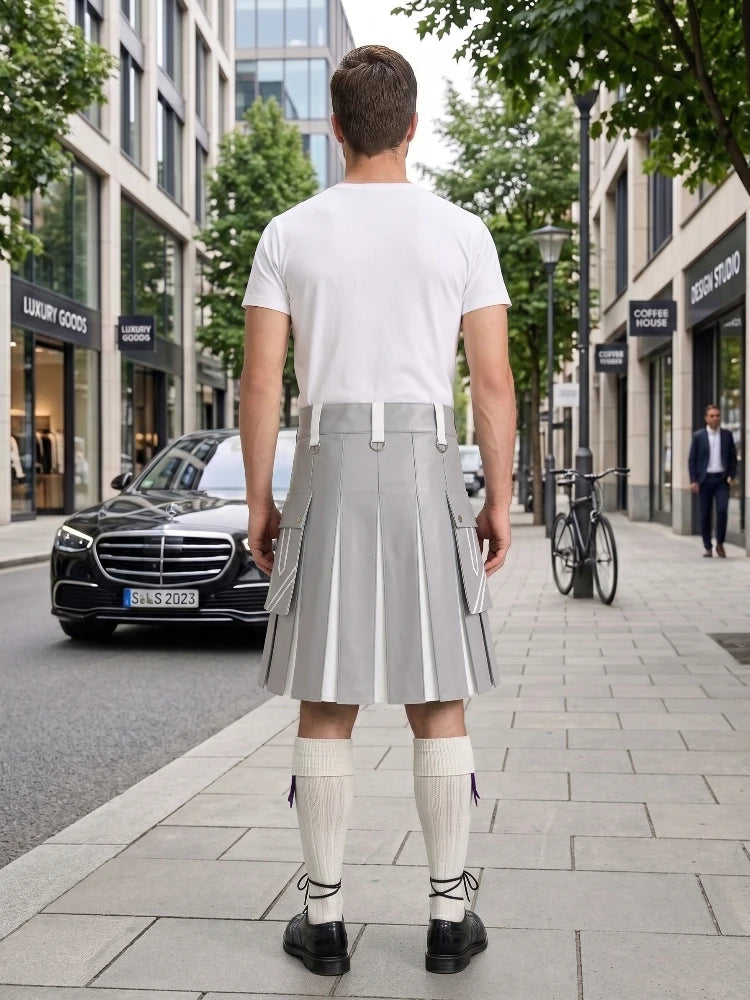 Light Grey And White Leather Hybrid Utility Kilt Front