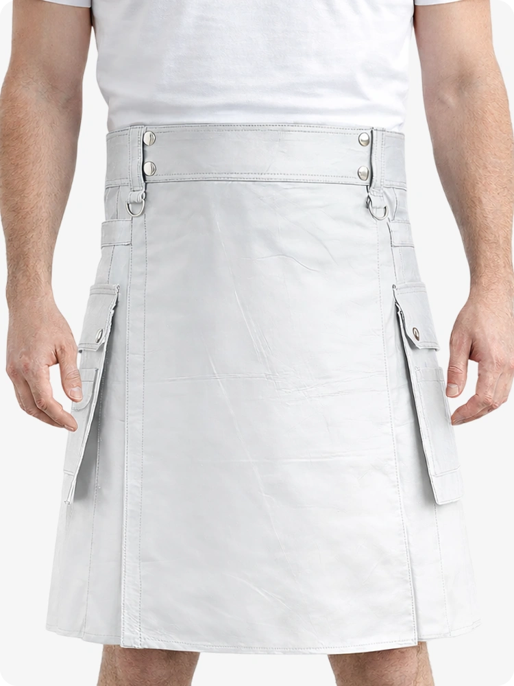 Light Grey Genuine Leather Utility Kilt with Cargo Pockets & D-Rings