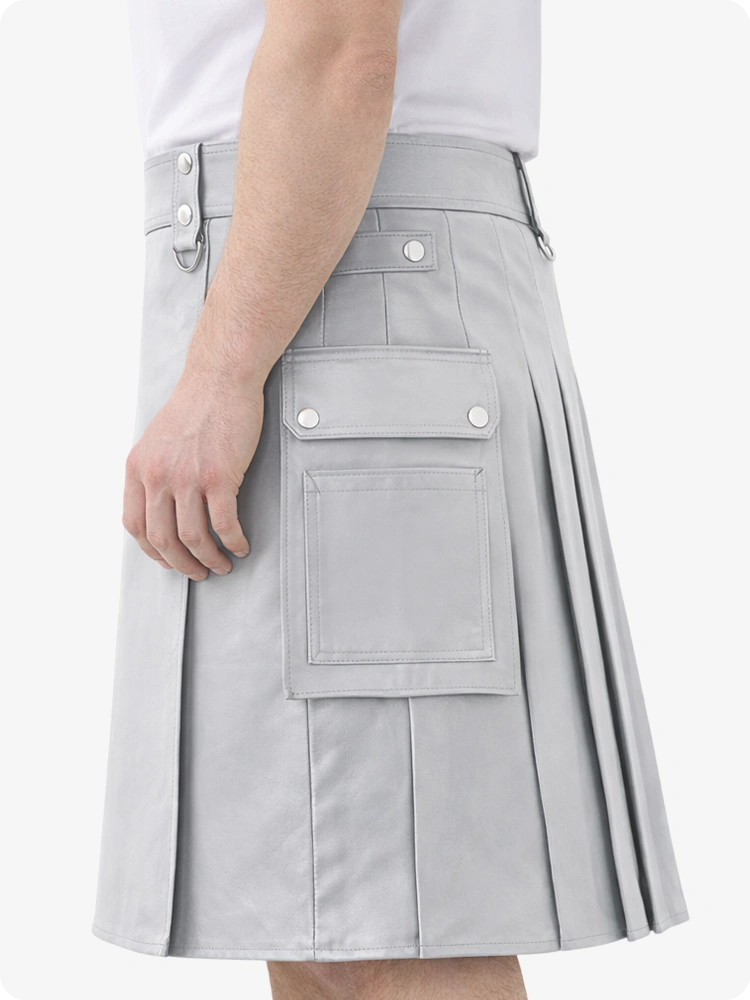 Light Grey Genuine Leather Utility Kilt with Cargo Pockets & D-Rings