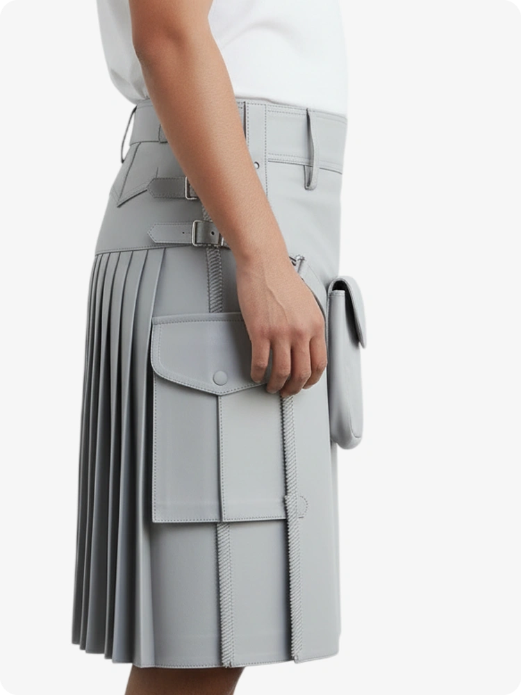 Hellgrauer Leder Faltenkilt mit Gürtelschlaufen & Seitenriemen