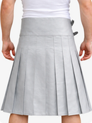 Gray pleated skirt worn by a person on a white background