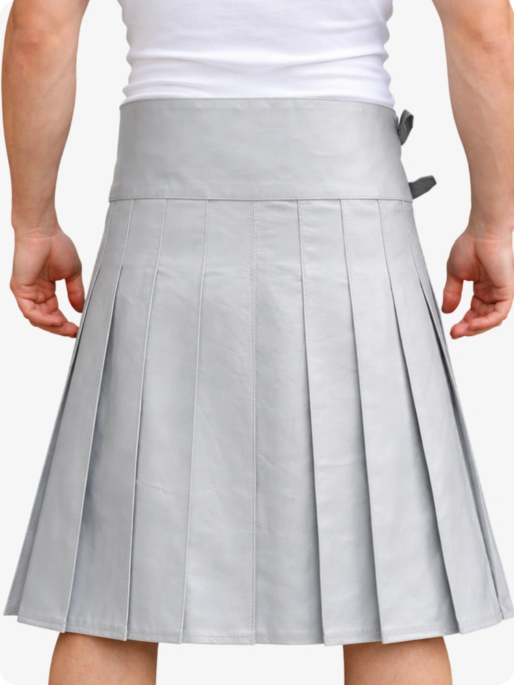 Gray pleated skirt worn by a person on a white background