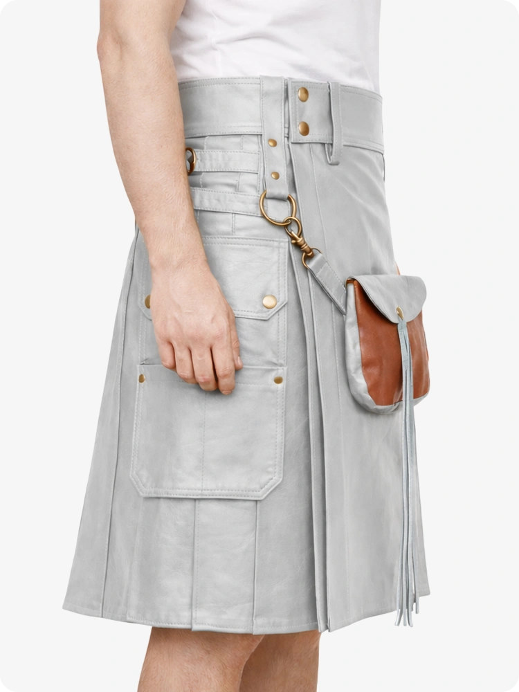 Hellgrauer Leder Utility Kilt mit Front-Sporran