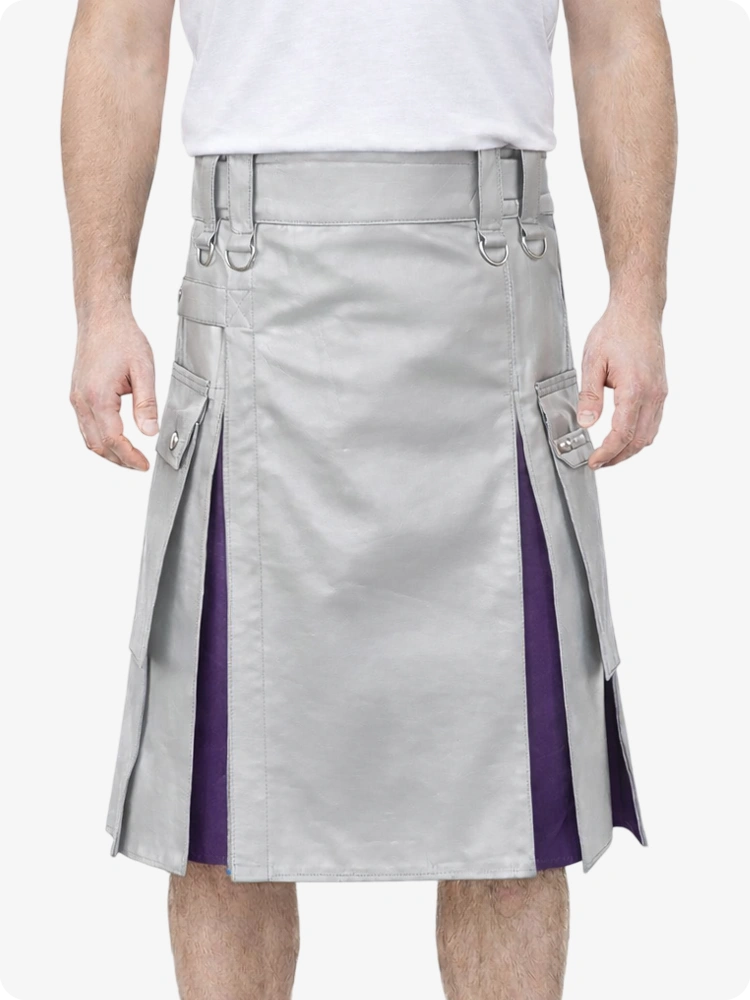 Light Grey Leather Utility Kilt with Purple Pleats, Side Pockets & D-Ring Hardware