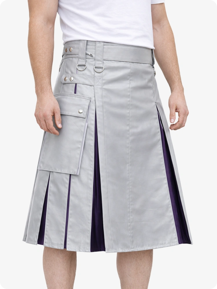 Light Grey Leather Utility Kilt with Purple Pleats, Side Pockets & D-Ring Hardware