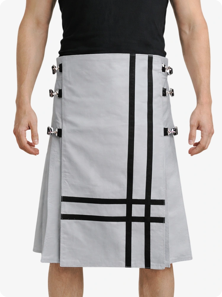 Light Grey Leather Utility Kilt with Side Buckles & Pleated Back