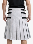 Light Gray pleated kilt with black belt straps worn by a person on a white background