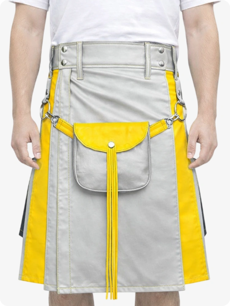 Hellgrauer Leder Utility Kilt mit gelben Akzenten & abnehmbaren Taschen
