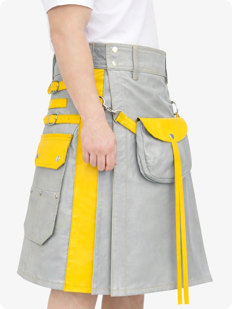 Hellgrauer Leder Utility Kilt mit gelben Akzenten & abnehmbaren Taschen