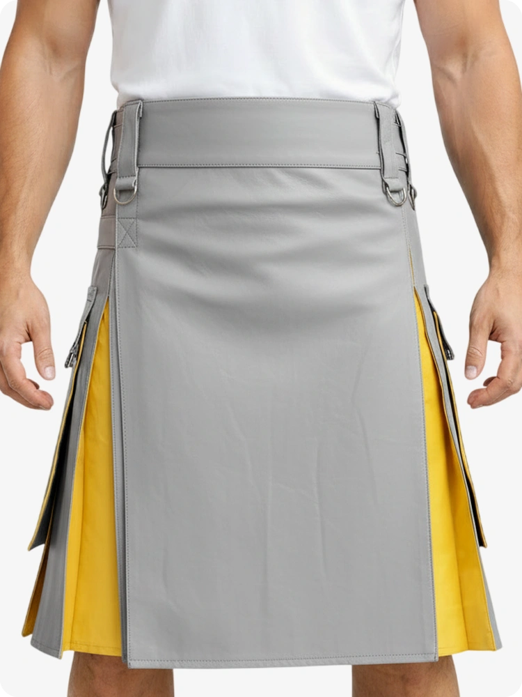 Hellgrau & Gelb Leder Utility Kilt mit Cargotaschen