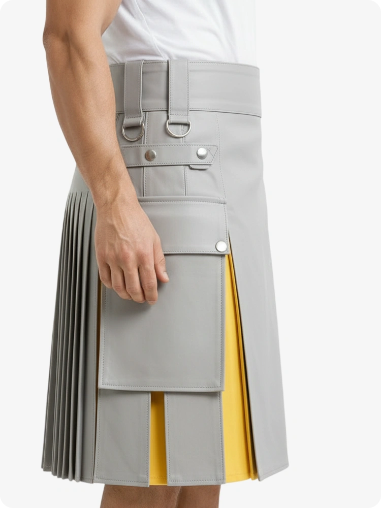 Hellgrau & Gelb Leder Utility Kilt mit Cargotaschen