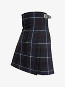 Navy blue plaid kilt with a belt on a white background