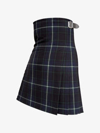 Navy blue plaid kilt with a belt on a white background