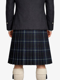 Person wearing a dark gray jacket and plaid kilt on a white background