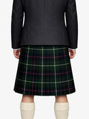 Person wearing a black jacket and green plaid kilt on a white background
