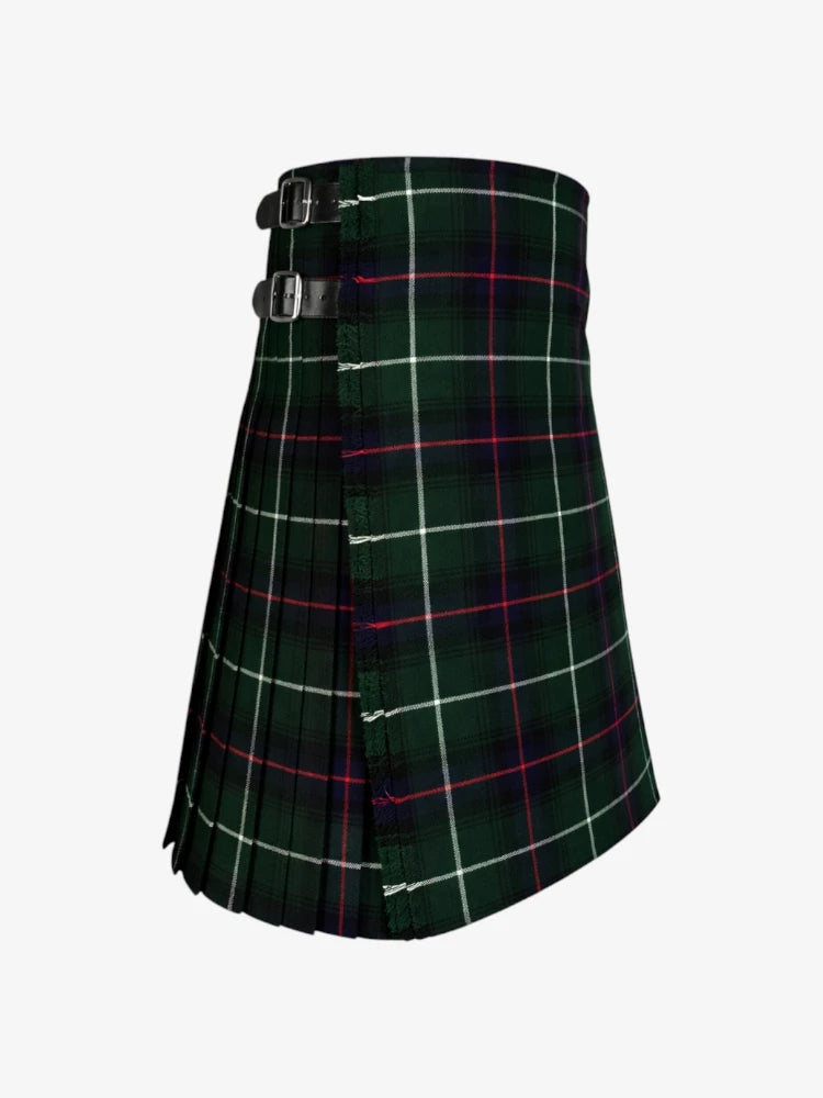 Green plaid kilt with silver buckles on a white background