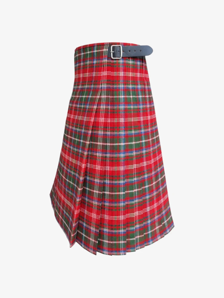Red and green plaid kilt with a belt on a white background