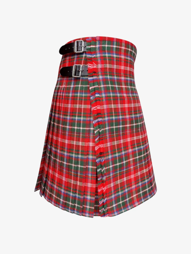 Red and green plaid kilt with a belt on a white background