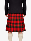 Person wearing a red plaid kilt with a black jacket on a white background