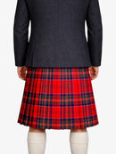 Person wearing a dark gray jacket and red plaid kilt on a white background