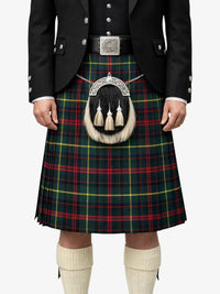 Person wearing a traditional Scottish kilt with a tartan pattern on a white background