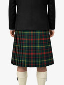 Person wearing a black jacket and green plaid kilt on a white background