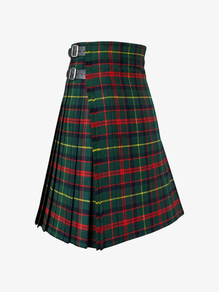 Green and red plaid kilt on a white background
