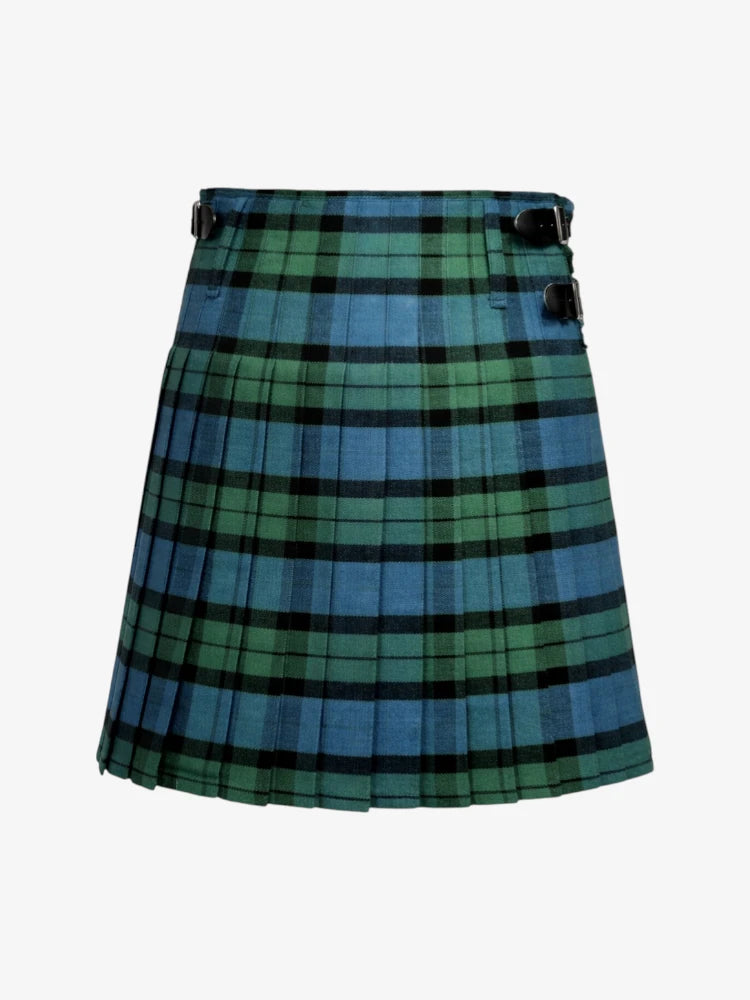 Green and blue plaid kilt on a white background