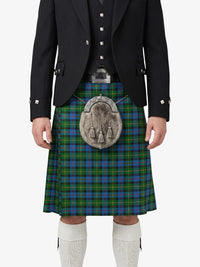 Person wearing a traditional Scottish kilt with a tartan pattern on a white background