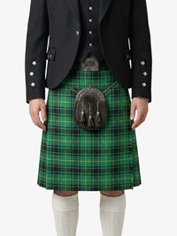 Person wearing a green plaid kilt with a black jacket on a white background