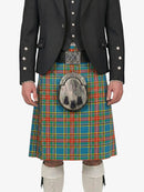 Person wearing a traditional Scottish kilt with a tartan pattern on a white background