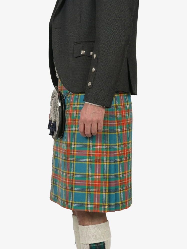 Person wearing a gray jacket and a colorful plaid kilt on a white background