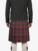 Person wearing a dark jacket and red plaid kilt on a white background